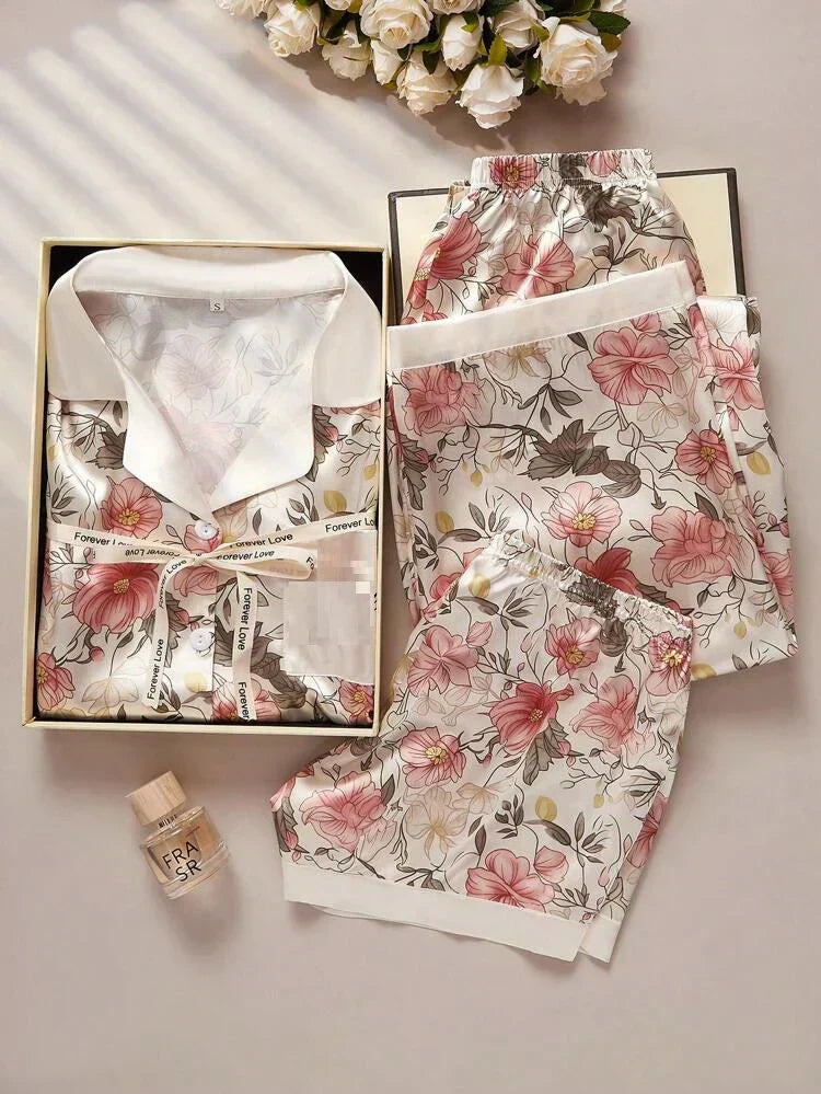(3 Pcs) Luxury Floral Loungewear - Shirt + Trouser + Shorts