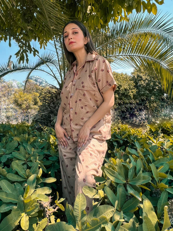 Premium Pima Cotton Button-Down Printed Shirt & PJ Set - Macaroon