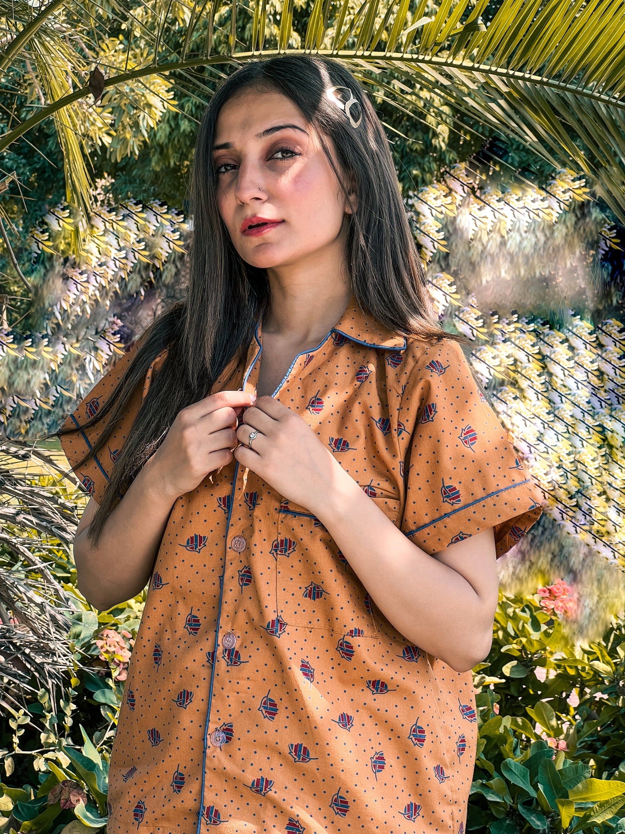Premium Pima Cotton Button-Down Printed Shirt & PJ Set - Macaroon