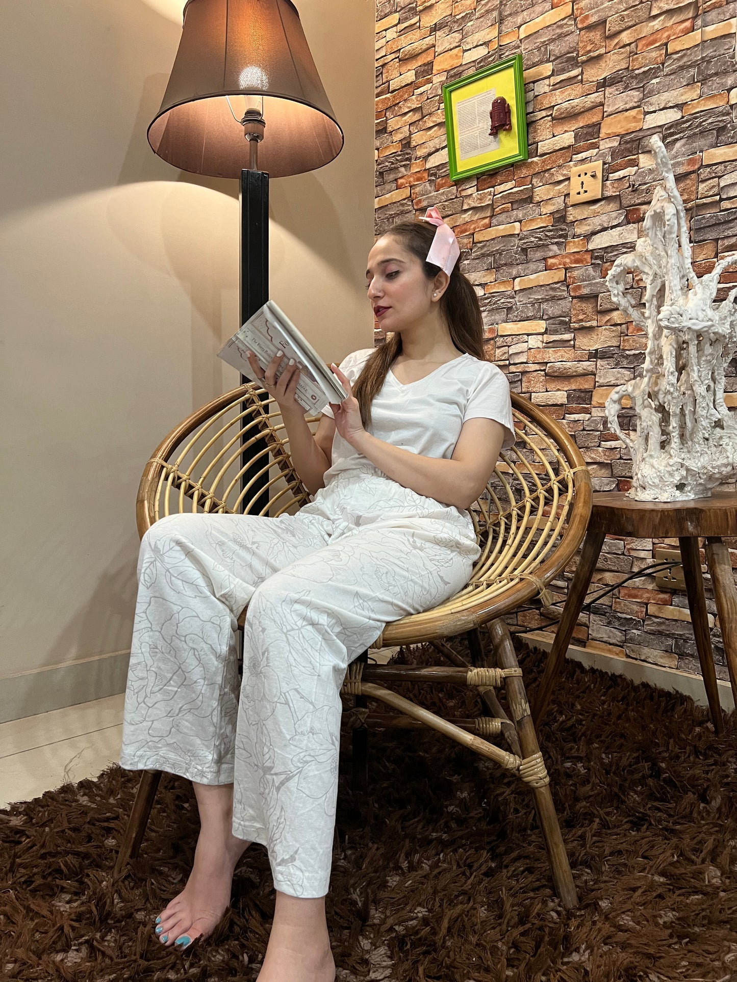 Womante Luxe Cotton Trousers - White Light Flower