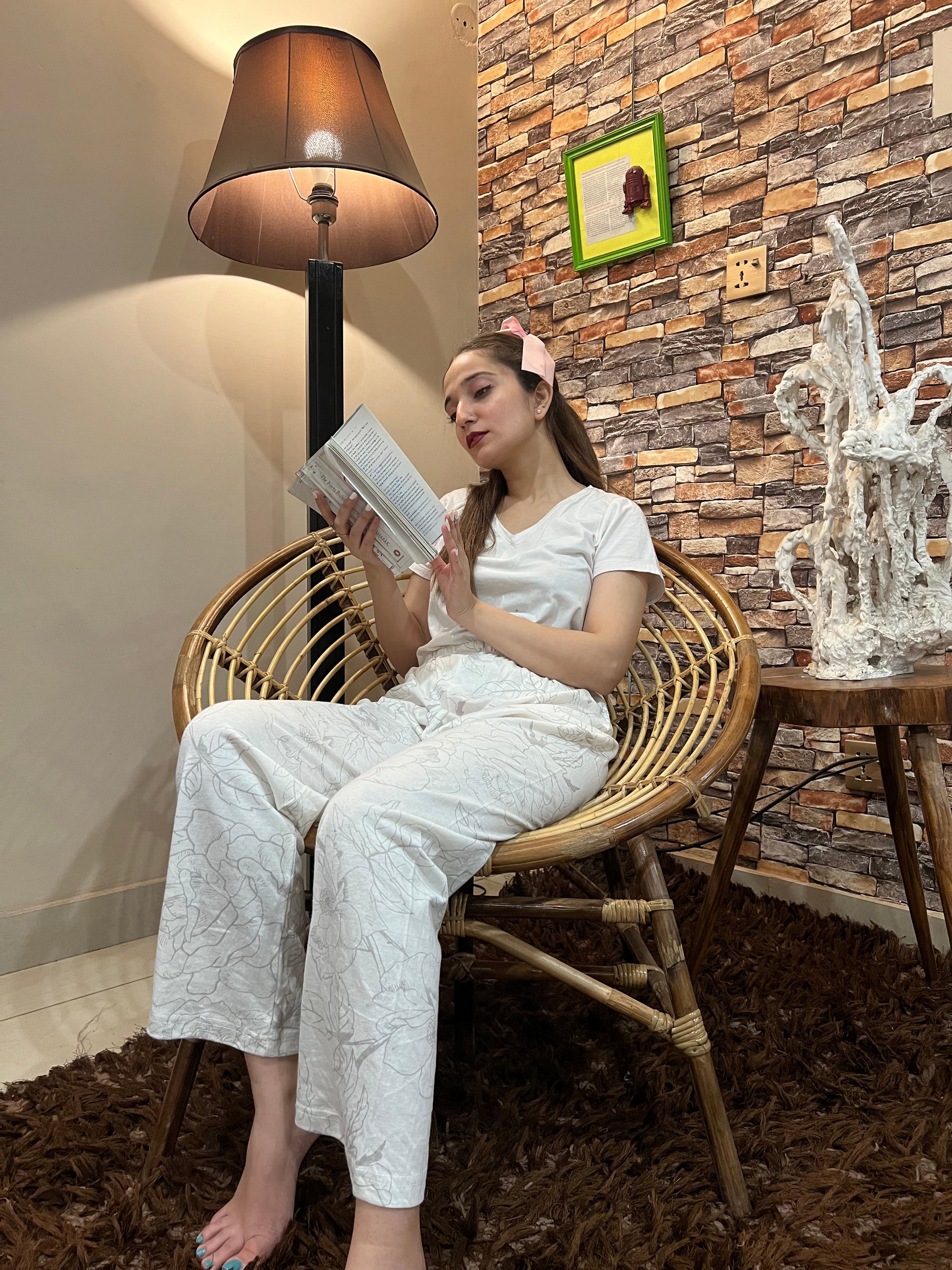 Womante Luxe Cotton Trousers - White Light Flower