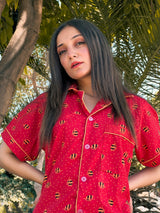 Premium Pima Cotton Button-Down Printed Shirt & PJ Set - Red