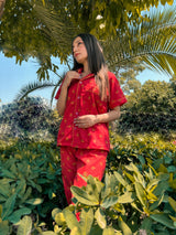 Premium Pima Cotton Button-Down Printed Shirt & PJ Set - Red