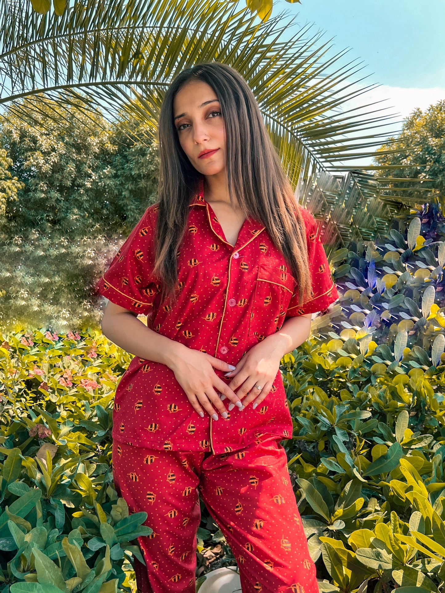 Premium Pima Cotton Button-Down Printed Shirt & PJ Set - Red