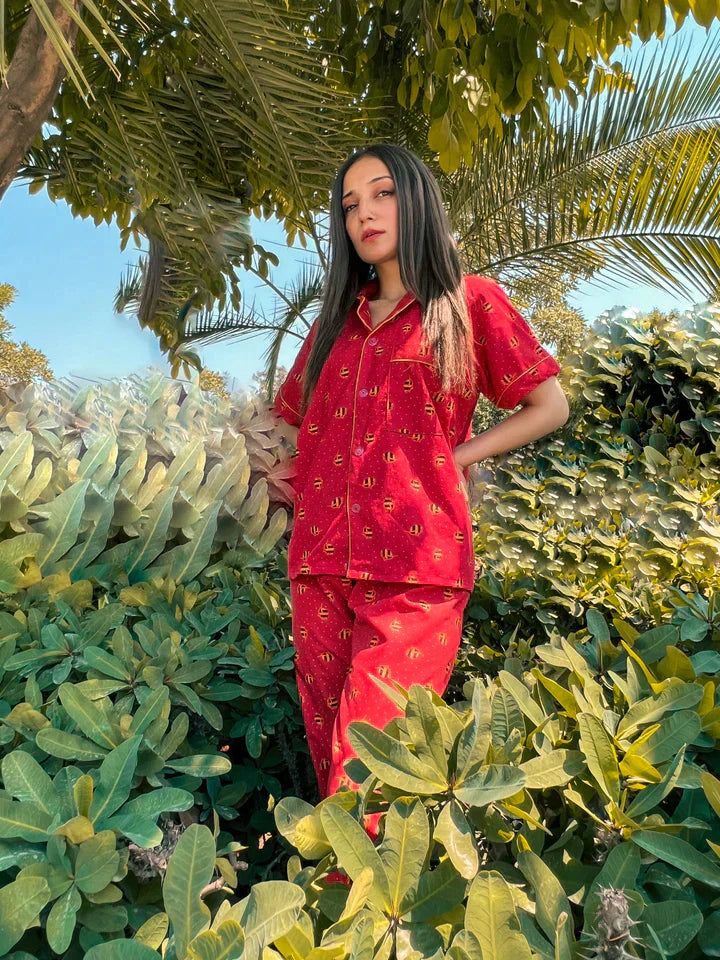 Premium Pima Cotton Button-Down Printed Shirt & PJ Set - Macaroon