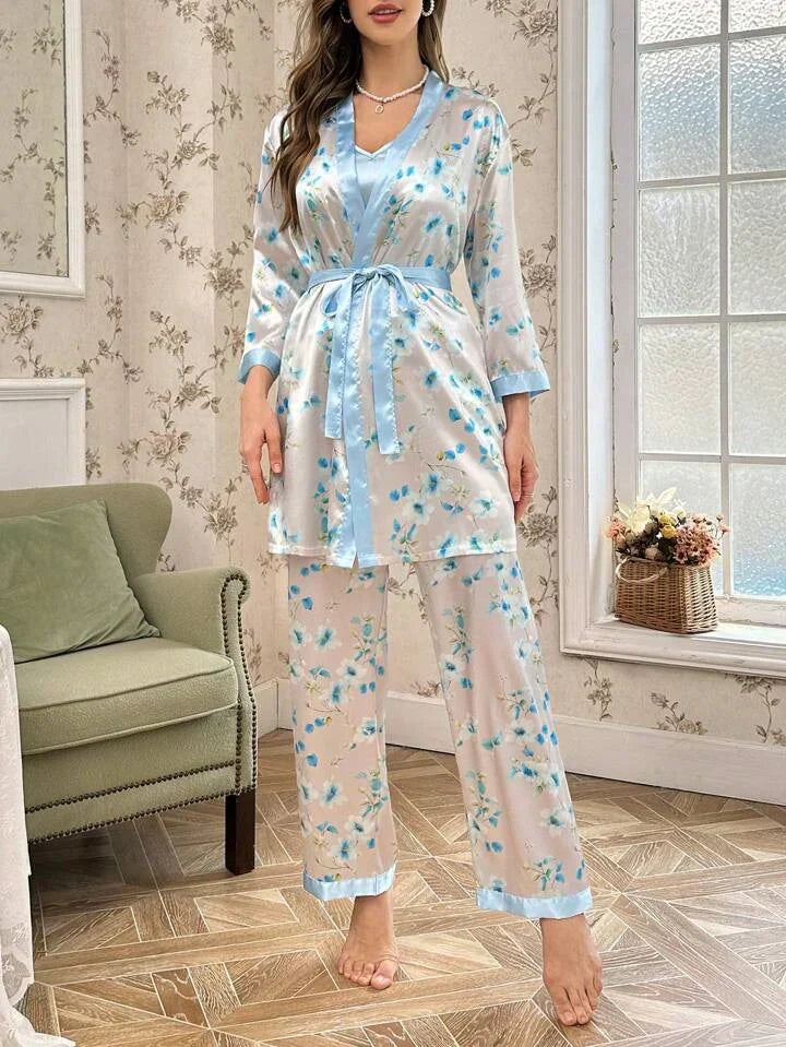 (3 Pcs.) Luxury Silk Sleepwear with Robe Silver Blue - Gown+Slip+Trouser