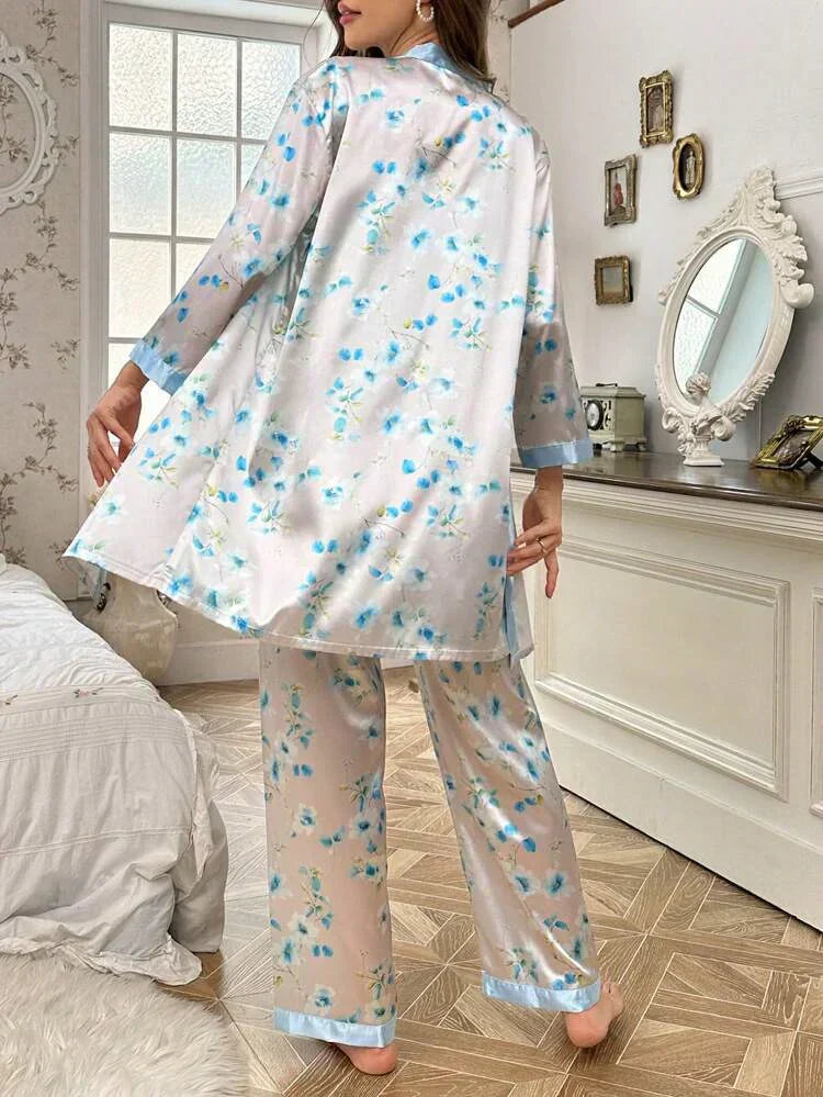(3 Pcs.) Luxury Silk Sleepwear with Robe Silver Blue - Gown+Slip+Trouser