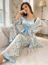 (3 Pcs.) Luxury Silk Sleepwear with Robe Silver Blue - Gown+Slip+Trouser