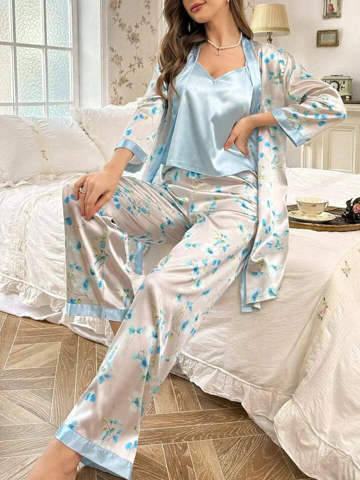 (3 Pcs.) Luxury Silk Sleepwear with Robe Silver Blue - Gown+Slip+Trouser