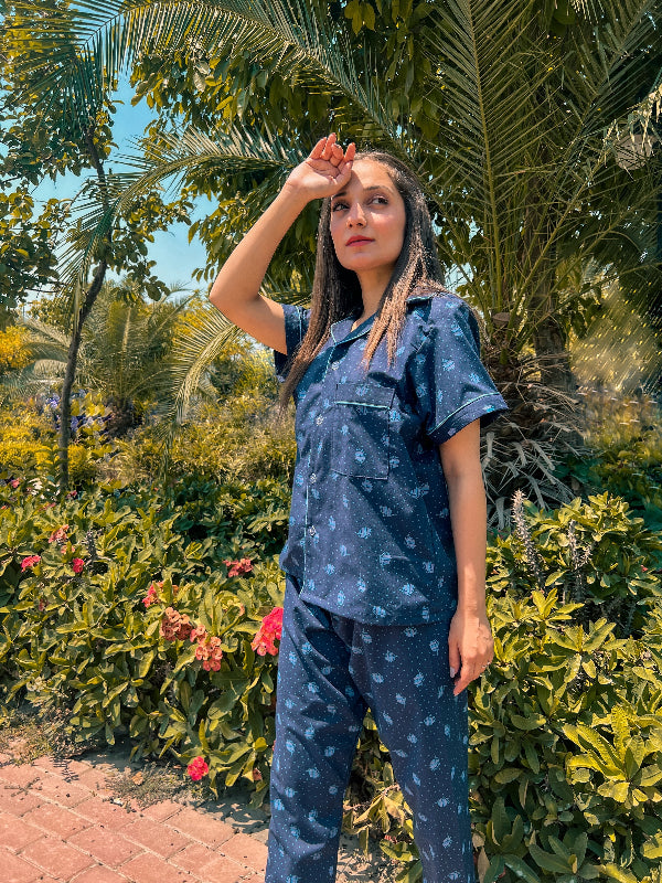 Premium Pima Cotton Button-Down Printed Shirt & PJ Set - Blue